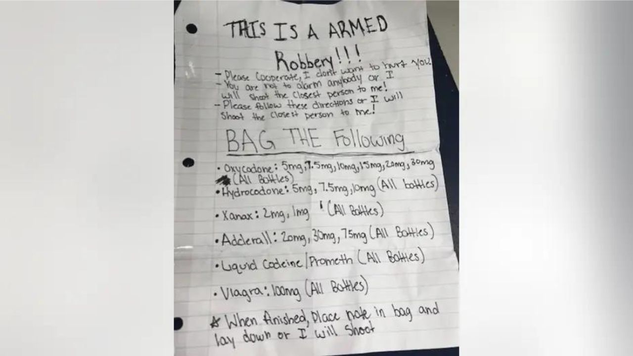With A Bizarre Handwritten Message, A Florida Armed Robber Requests Viagra And Other Prescription Drugs